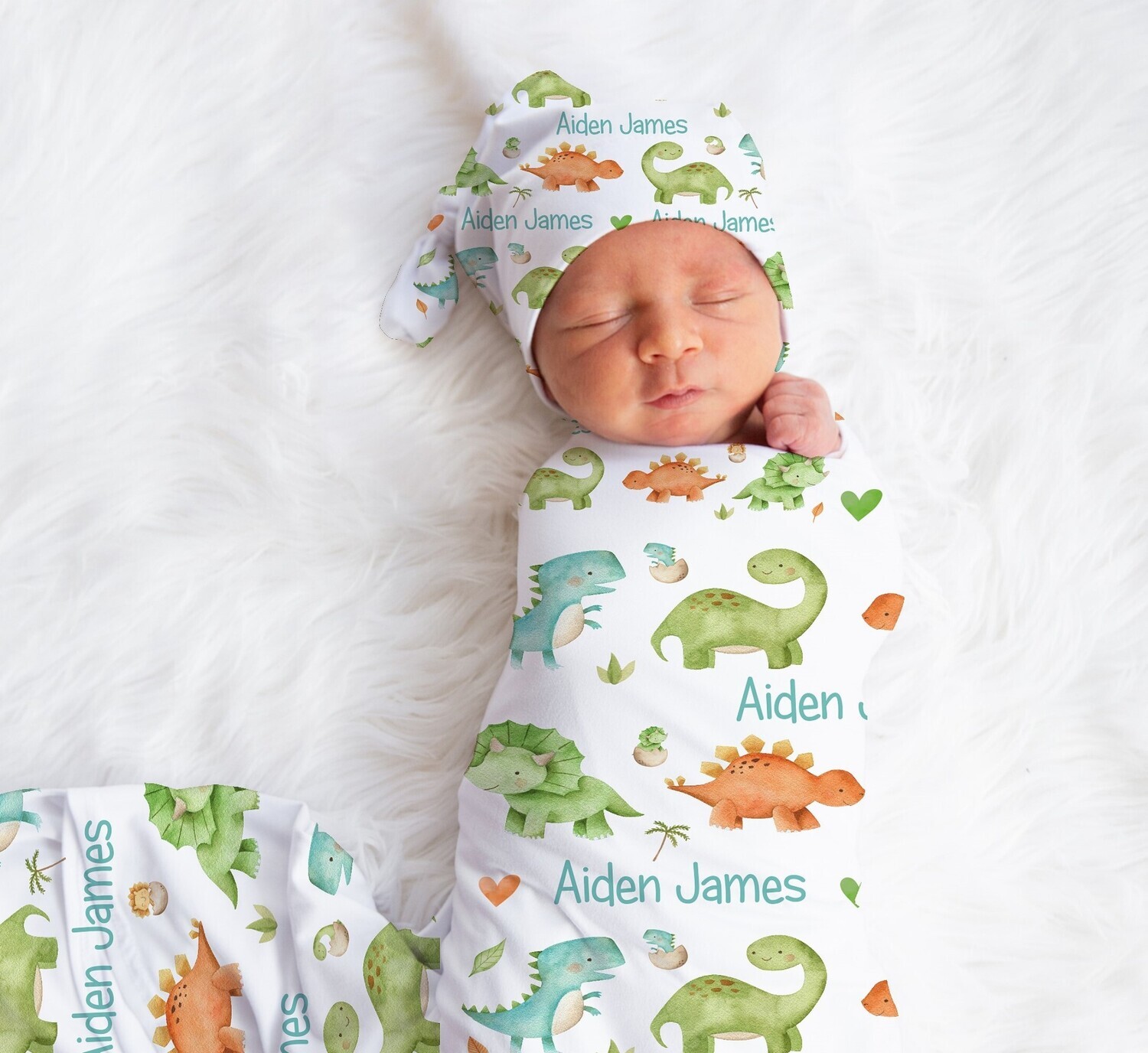 Dinosaur Personalized Baby Boy Swaddle Blanket Newborn Swaddle Blanket Knotted Baby Cap Headband Baby Gift Hospital Photo Newborn Photo Newborn Blanket