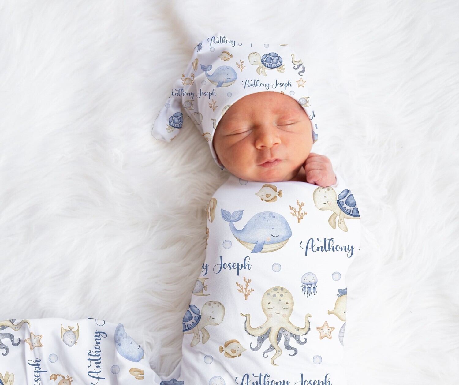 Under The Sea Creatures Personalized Baby Boy Swaddle Blanket Newborn Swaddle Blanket Knotted Baby Cap Headband Baby Gift Hospital Photo Newborn Photo Newborn Blanket