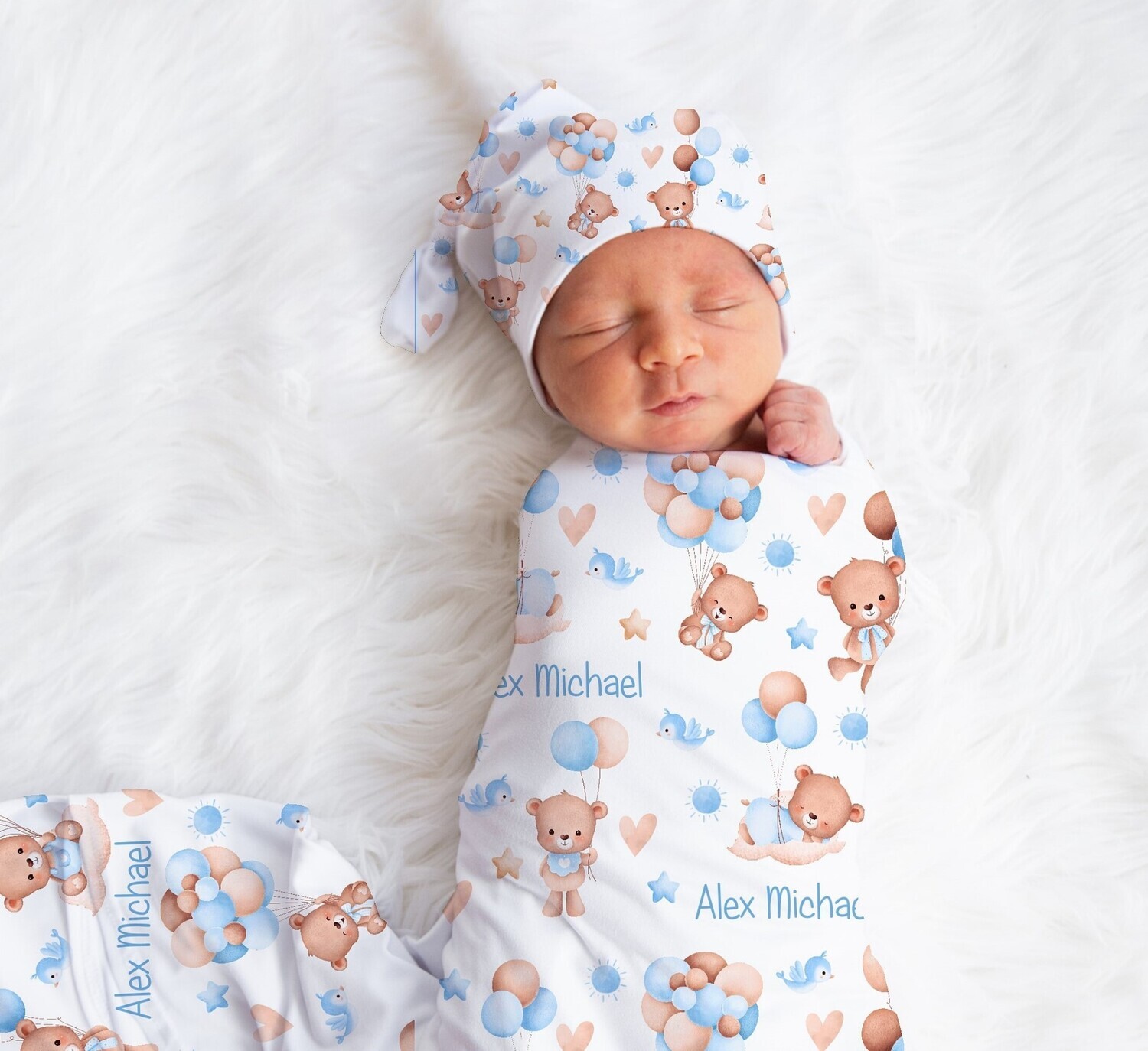 Teddy Bear Personalized Baby Boy Swaddle Blanket Newborn Swaddle Blanket Knotted Baby Cap Headband Baby Gift Hospital Photo Newborn Photo Newborn Blanket