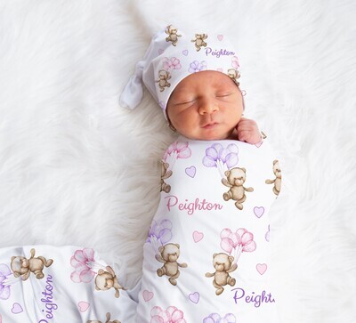 Teddy Bear Personalized Baby Girl Swaddle Blanket Newborn Swaddle Blanket Knotted Baby Cap Headband Baby Gift Hospital Photo Newborn Photo Newborn Blanket