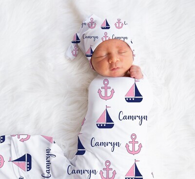 Nautical Personalized Baby Girl Swaddle Blanket Newborn Swaddle Blanket Knotted Baby Cap Headband Baby Gift Hospital Photo Newborn Photo Newborn Blanket