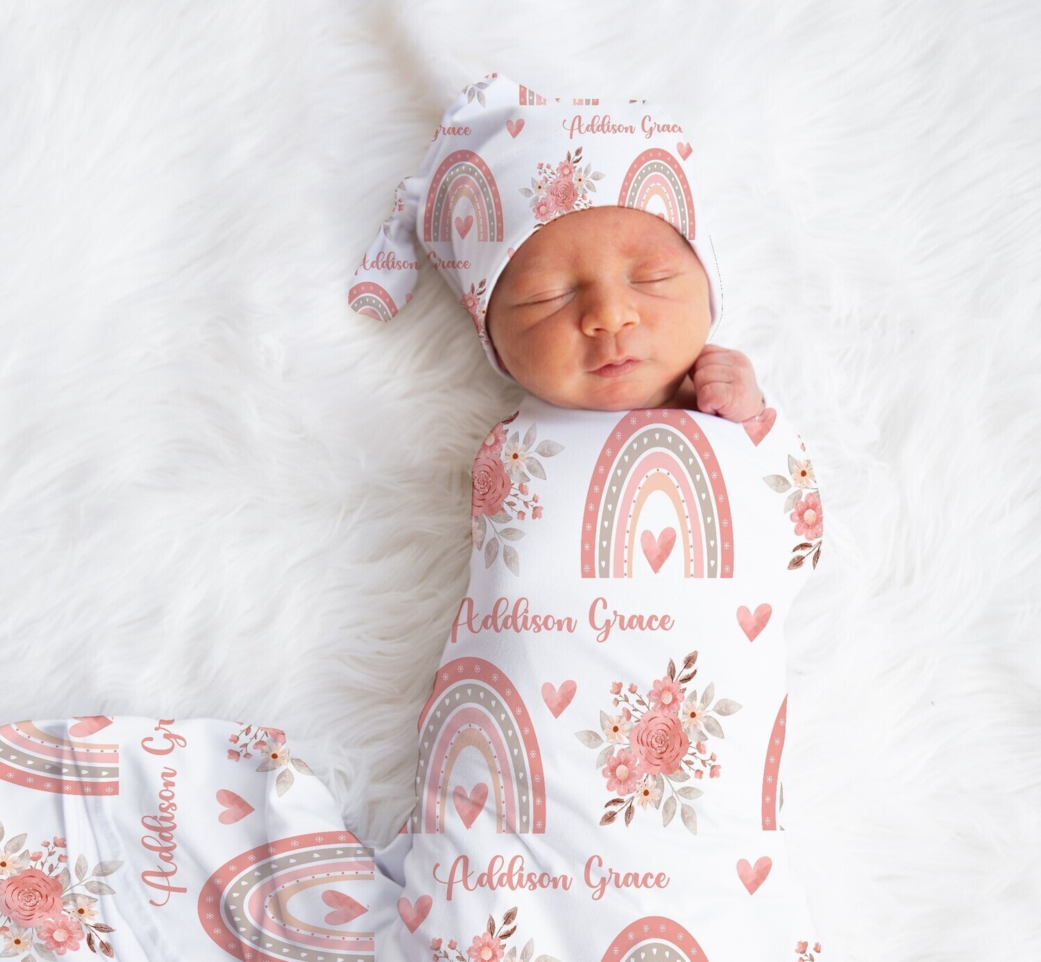 Floral Rainbow Personalized Baby Girl Swaddle Blanket Newborn Swaddle Blanket Knotted Baby Cap Baby Gift Hospital Photo Newborn Photo Newborn Blanket