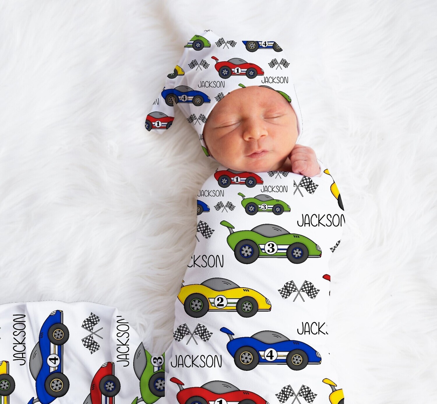 Race Cars Personalized Baby Boy Swaddle Blanket Newborn Swaddle Blanket Knotted Baby Cap Headband Baby Gift Hospital Photo Newborn Photo Newborn Blanket