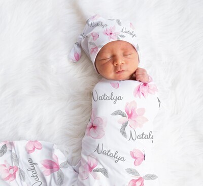 Magnolia Floral Personalized Baby Girl Swaddle Blanket Newborn Swaddle Blanket Knotted Baby Cap Headband Baby Gift Hospital Photo Newborn Photo Newborn Blanket