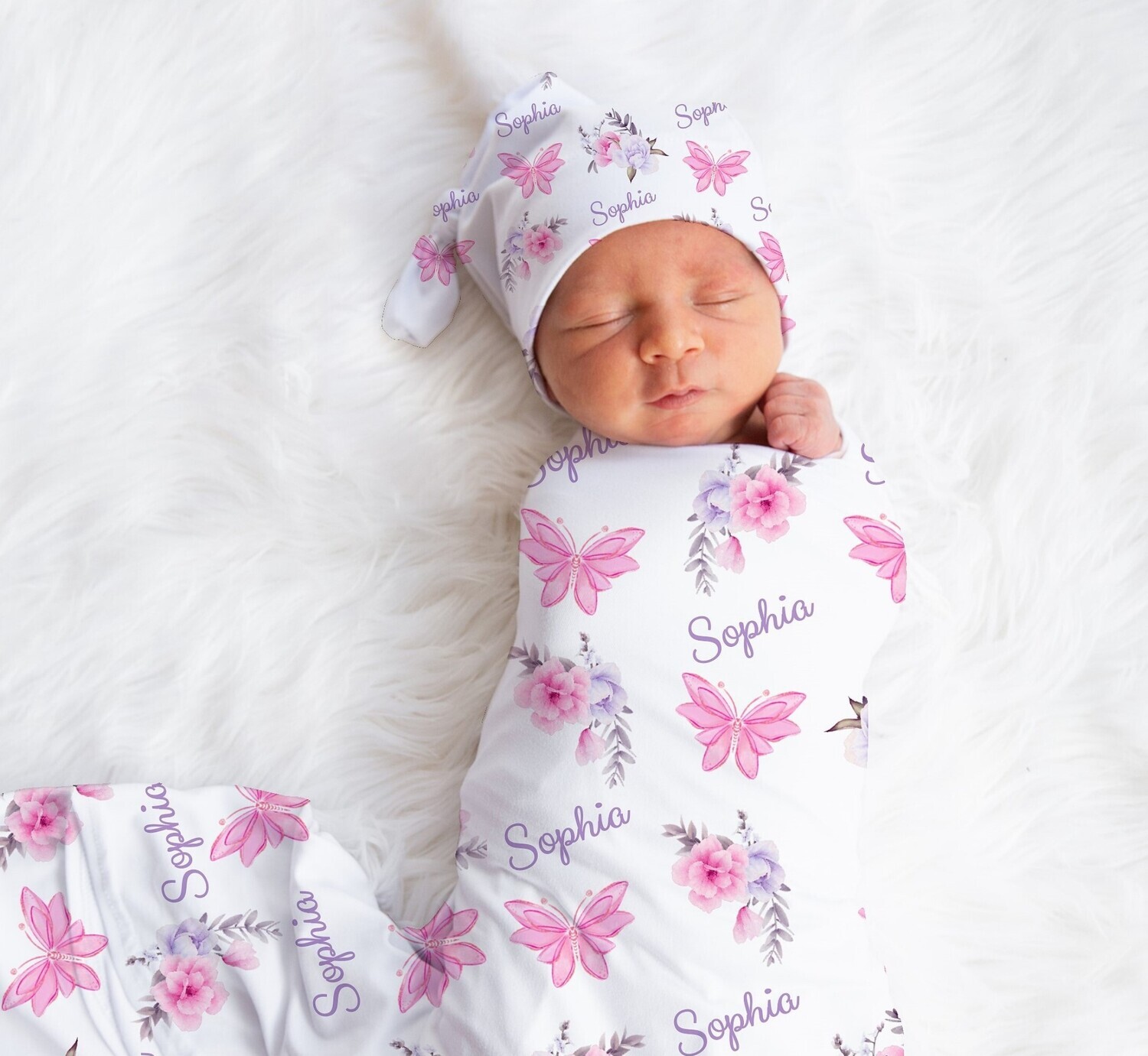 Pink Butterfly Floral Personalized Baby Girl Swaddle Blanket Newborn Swaddle Blanket Knotted Baby Cap Headband Baby Gift Hospital Photo Newborn Photo Newborn Blanket
