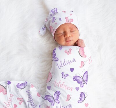 Butterfly Personalized Baby Girl Swaddle Blanket Newborn Swaddle Blanket Knotted Baby Cap Headband Baby Gift Hospital Photo Newborn Photo Newborn Blanket