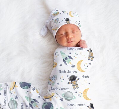 Space Astronaut Personalized Baby Boy Swaddle Blanket Newborn Swaddle Blanket Knotted Baby Cap Headband Baby Gift Hospital Photo Newborn Photo Newborn Blanket