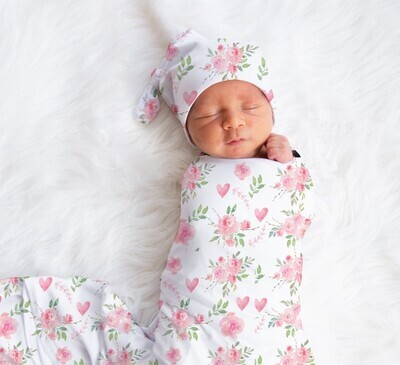 Pink Floral Baby Girl Swaddle Blanket Newborn Swaddle Blanket Knotted Baby Cap Headband Baby Gift Hospital Photo Newborn Photo Newborn Blanket