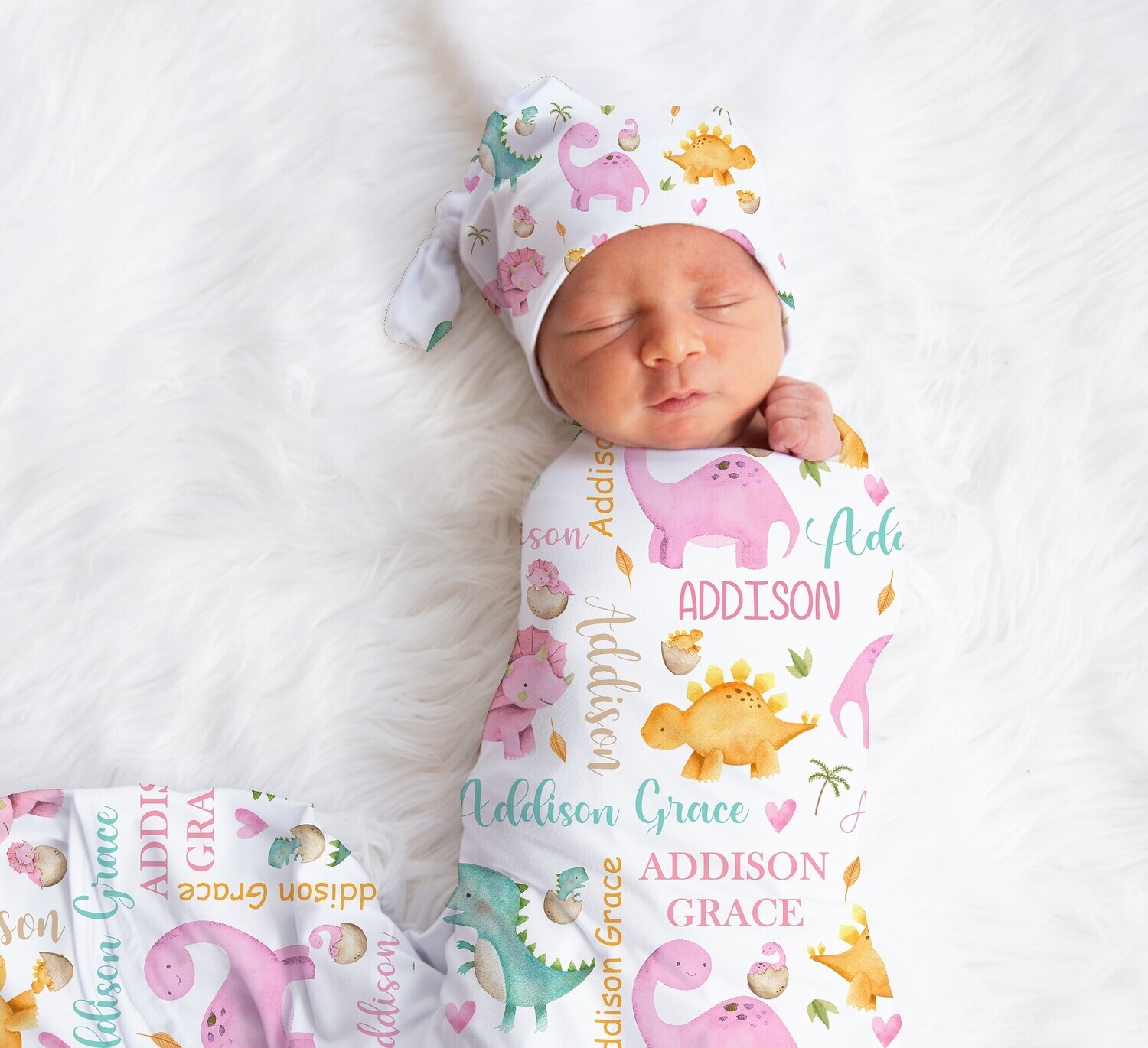 Dinosaur Personalized Baby Girl Swaddle Blanket Newborn Swaddle Blanket Knotted Baby Cap Baby Gift Hospital Photo Newborn Photo Newborn Blanket