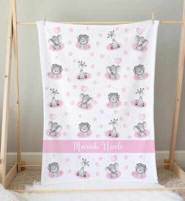 Pink Safari Animals Baby Girl Personalized Blanket Newborn Baby Blanket Shower Gift Minky Blanket Fleece Blanket Sherpa Baby Blanket