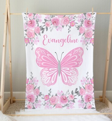 Pink Floral Butterfly Baby Girl Personalized Blanket Newborn Baby Blanket Shower Gift Minky Blanket Fleece Blanket Sherpa Baby Blanket