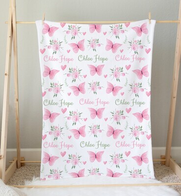 Pink Floral Butterfly Baby Girl Personalized Blanket Newborn Baby Blanket Shower Gift Minky Blanket Fleece Blanket Sherpa Baby Blanket