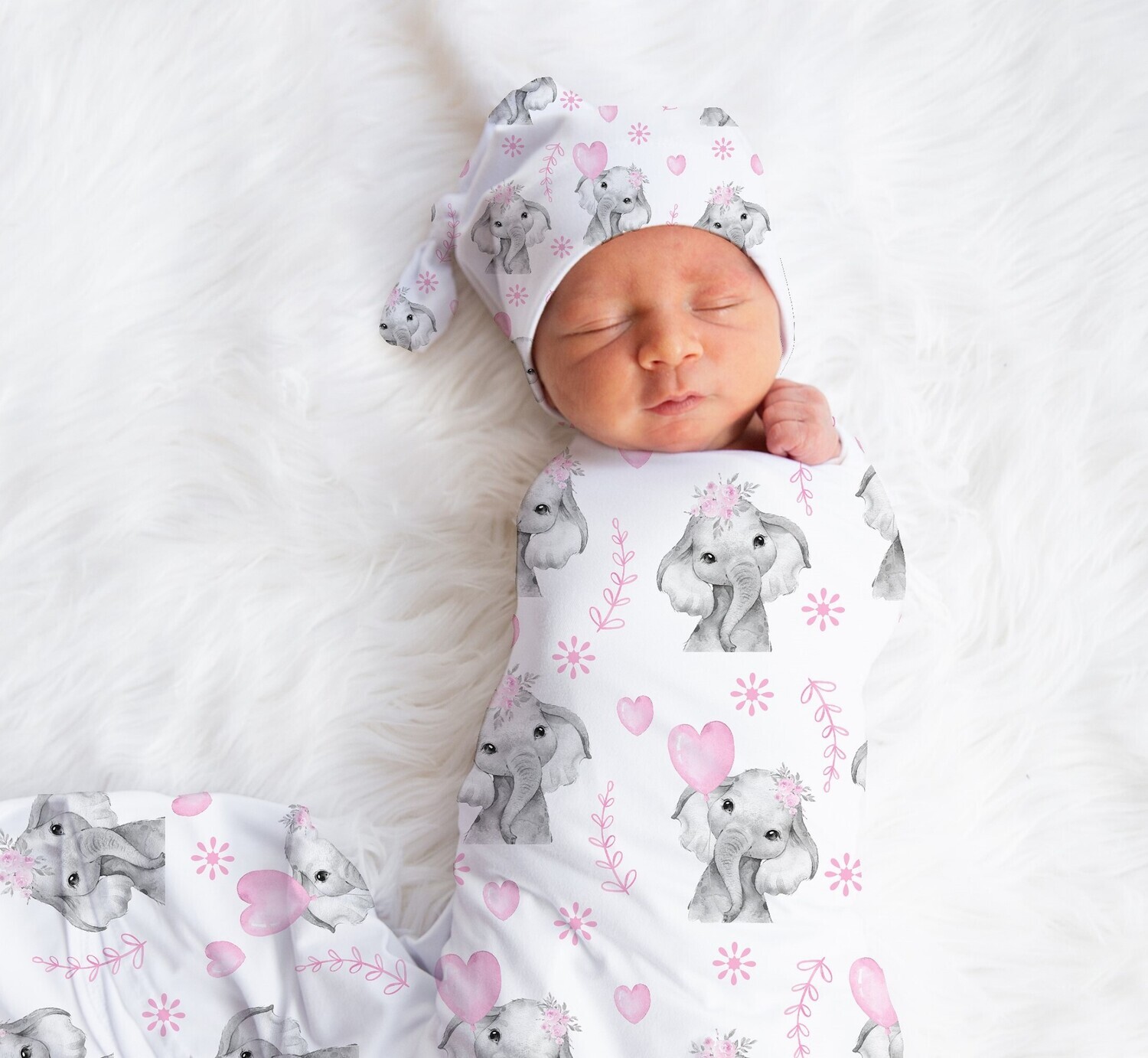 Pink Elephant Baby Girl Swaddle Blanket Newborn Swaddle Blanket Knotted Baby Cap Headband Baby Gift Hospital Photo Newborn Photo Newborn Blanket