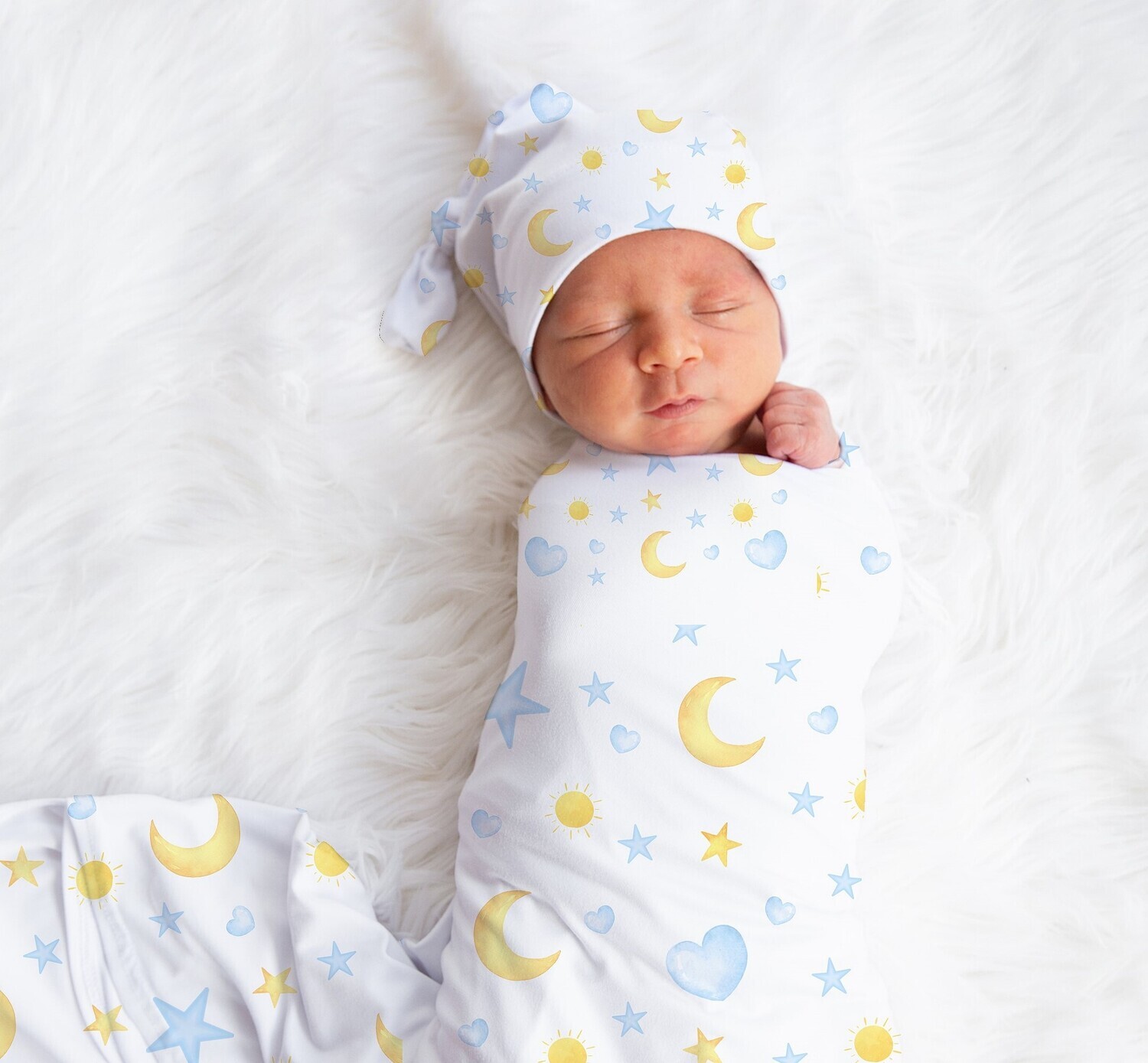 Moon Stars Baby Boy Swaddle Blanket Newborn Swaddle Blanket Knotted Baby Cap Headband Baby Gift Hospital Photo Newborn Photo Newborn Blanket