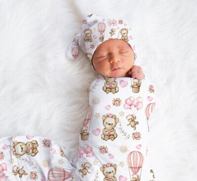 Pink Teddy Bear Baby Girl Swaddle Blanket Newborn Swaddle Blanket Knotted Baby Cap Headband Baby Gift Hospital Photo Newborn Photo Newborn Blanket