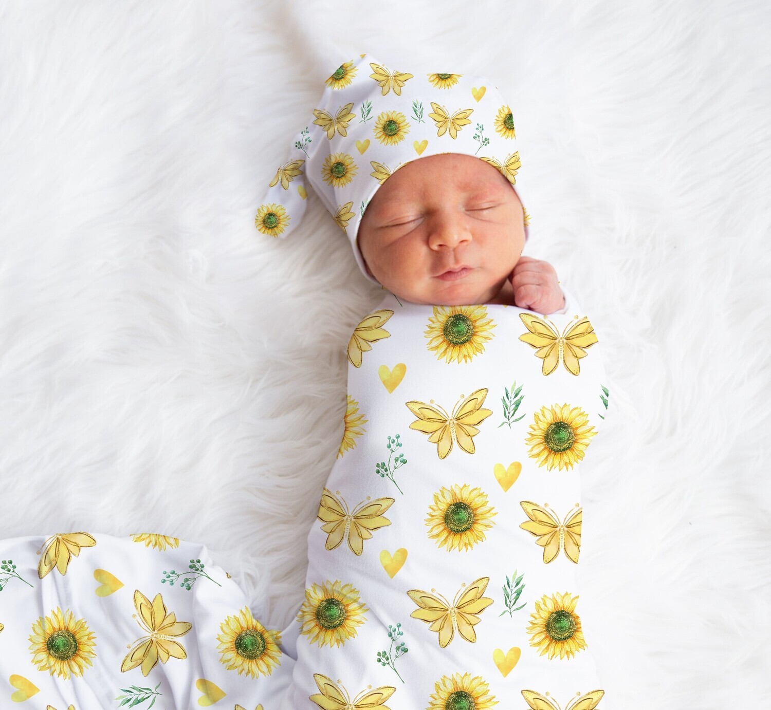 Sunflower Butterfly Baby Girl Swaddle Blanket Newborn Swaddle Blanket Knotted Baby Cap Headband Baby Gift Hospital Photo Newborn Photo Newborn Blanket