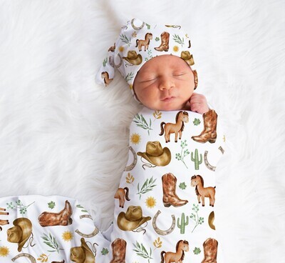 Western Cowbot Baby Boy Swaddle Blanket Newborn Swaddle Blanket Knotted Baby Cap Headband Baby Gift Hospital Photo Newborn Photo Newborn Blanket