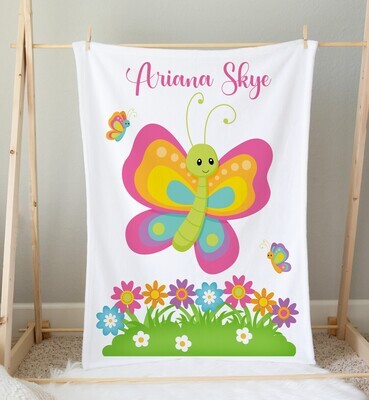 Butterfly Personalized Baby Girl Blanket Custom Name Blanket Shower Gift Girl Bedroom Name Blanket Throw Tummy Time