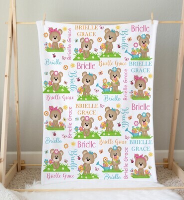 Teddy Bear Personalized Baby Girl Blanket Custom Name Blanket Shower Gift Girl Bedroom Name Blanket Throw Tummy Time