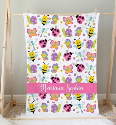 Cute Bugs Personalized Baby Girl Blanket Custom Name Blanket Shower Gift Girl Bedroom Name Blanket Throw Tummy Time