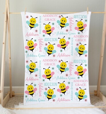 Bumble Bee Personalized Baby Girl Blanket Custom Name Blanket Shower Gift Girl Bedroom Name Blanket Throw Tummy Time