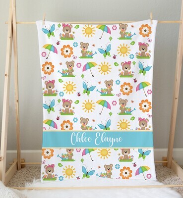 Teddy Bear Summer Personalized Baby Girl Blanket Custom Name Blanket Shower Gift Girl Bedroom Name Blanket Throw Tummy Time