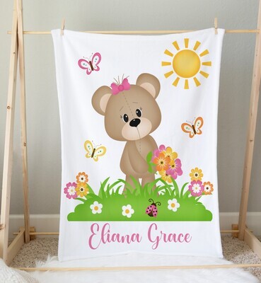 Teddy Bear Summer Personalized Baby Girl Blanket Custom Name Blanket Shower Gift Girl Bedroom Name Blanket Throw Tummy Time