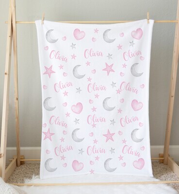 Personalized Baby Girl Blanket Pink Hearts Moon Baby Nursery Blanket Crib Bedding New Baby Shower Gift
