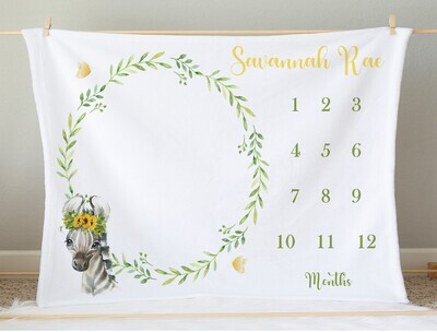 Zebra Sunflower Baby Girl Milestone Blanket Personalized Growth Tracker New Baby Shower Gift Baby Photo Op Backdrop