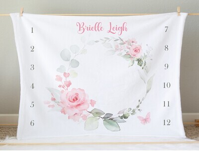 Pink Floral Baby Girl Milestone Blanket Personalized Growth Tracker New Baby Shower Gift Baby Photo Op Backdrop