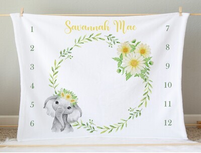 Floral Elephant Baby Girl Milestone Blanket Personalized Growth Tracker New Baby Shower Gift Baby Photo Op Backdrop