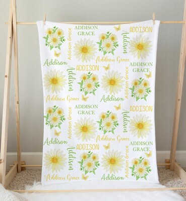 Daisy Floral Personalized Baby Girl Blanket Custom Name Blanket Shower Gift Girl Bedroom Name Blanket Throw Tummy Time