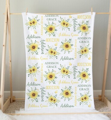 Sunflower Personalized Baby Girl Blanket Custom Name Blanket Shower Gift Girl Bedroom Name Blanket Throw Tummy Time