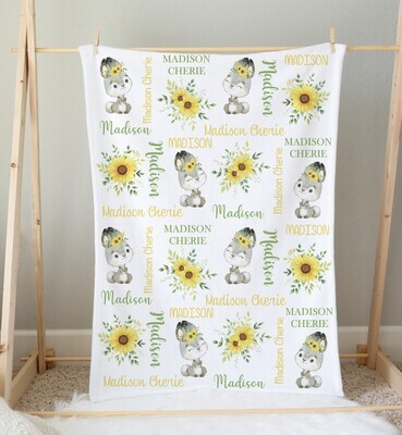 Sunflower Bunny Personalized Baby Girl Blanket Custom Name Blanket Shower Gift Girl Bedroom Name Blanket Throw Tummy Time