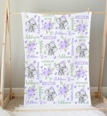 Purple Floral Elephant Personalized Baby Girl Blanket Custom Name Blanket Shower Gift Girl Bedroom Name Blanket Throw Tummy Time