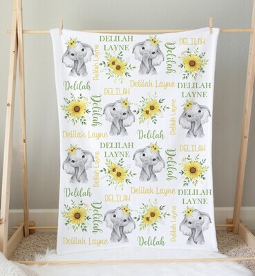Sunflower Elephant Personalized Baby Girl Blanket Custom Name Blanket Shower Gift Girl Bedroom Name Blanket Throw Tummy Time