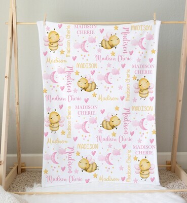 Bumble Bee Personalized Baby Girl Blanket Shower Gift Girl Bedroom Name Blanket Throw Tummy Time