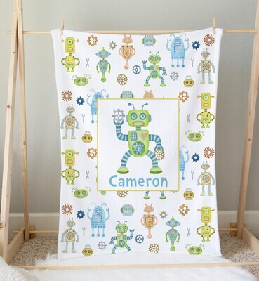 Robot Personalized Baby Boy Blanket Custom Name Blanket Shower Gift Boy Bedroom Name Blanket Throw Tummy Time