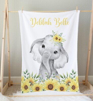 Sunflower Elephant Personalized Baby Girl Blanket Custom Name Blanket Shower Gift Girl Bedroom Name Blanket Throw Tummy Time