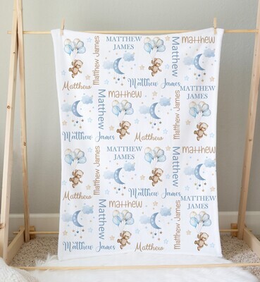 Teddy Bear Personalized Baby Boy Blanket Shower Gift Boy Bedroom Name Blanket Throw Tummy Time
