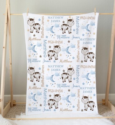 Cow Personalized Baby Boy Blanket Custom Name Blanket Shower Gift Boy Bedroom Name Blanket Throw Tummy Time