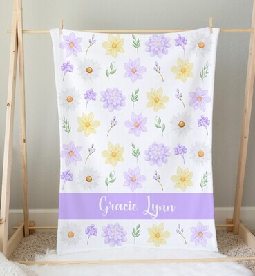 Purple Yellow Floral Personalized Baby Girl Blanket Shower Gift Girl Bedroom Name Blanket Throw Tummy Time