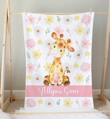 Pink Yellow Floral Giraffe Personalized Baby Girl Blanket Shower Gift Girl Bedroom Name Blanket Throw Tummy Time