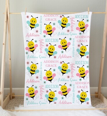 Bumble Bee Personalized Baby Girl Blanket Shower Gift Girl Bedroom Name Blanket Throw Tummy Time