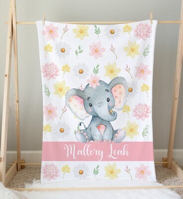 Pink Yellow Floral Elephant Personalized Baby Girl Blanket Shower Gift Girl Bedroom Name Blanket Throw Tummy Time