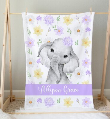 Purple Yellow Floral Elephant Personalized Baby Girl Blanket Shower Gift Girl Bedroom Name Blanket Throw Tummy Time