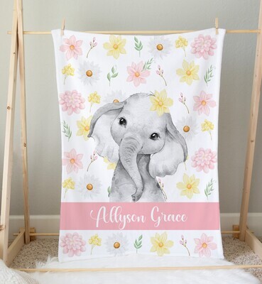 Pink Yellow Floral Elephant Personalized Baby Girl Blanket Shower Gift Girl Bedroom Name Blanket Throw Tummy Time