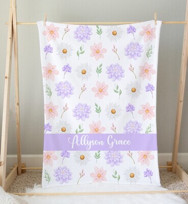 Purple Pink Floral Personalized Baby Girl Blanket Shower Gift Girl Bedroom Name Blanket Throw Tummy Time