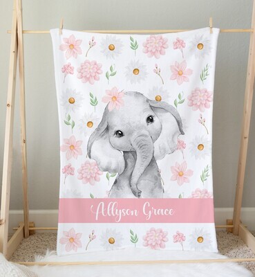 Pink Floral Elephant Personalized Baby Girl Blanket Shower Gift Girl Bedroom Name Blanket Throw Tummy Time