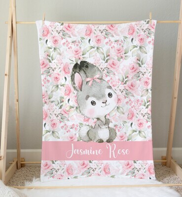 Pink Floral Bunny Personalized Baby Girl Blanket Shower Gift Girl Bedroom Name Blanket Throw Tummy Time
